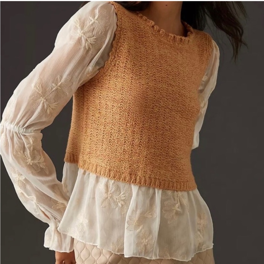 Anthropologie Cropped Knit Tank in Warm Orange with Cream Blouse